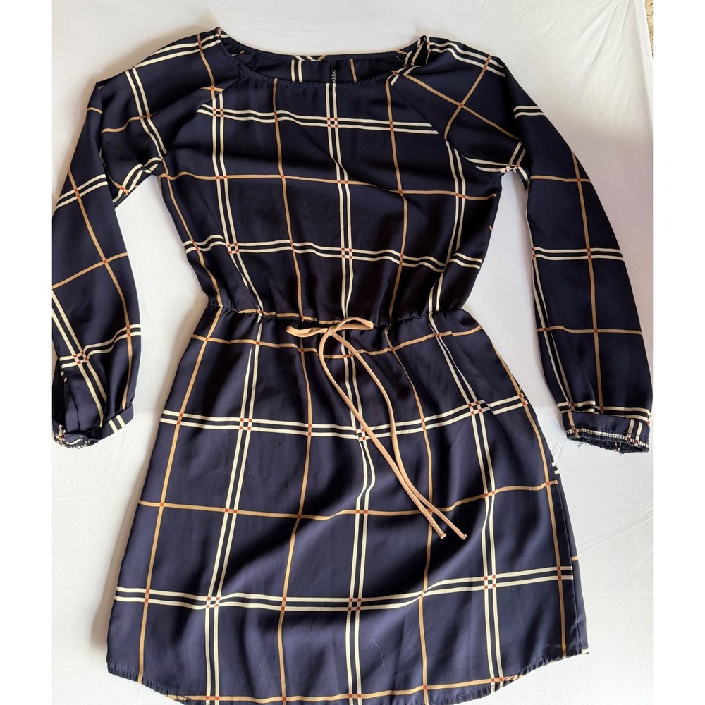 Peppermint Navy Blue Grid Plaid Long Sleeve Drawstring Mini Dress Made in USA